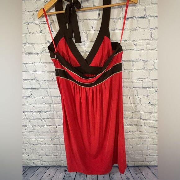 NWT Max and Cleo Meg Coral and Brown Y2K Rockabilly Skater Mini Halter Dress L - Picture 2 of 10